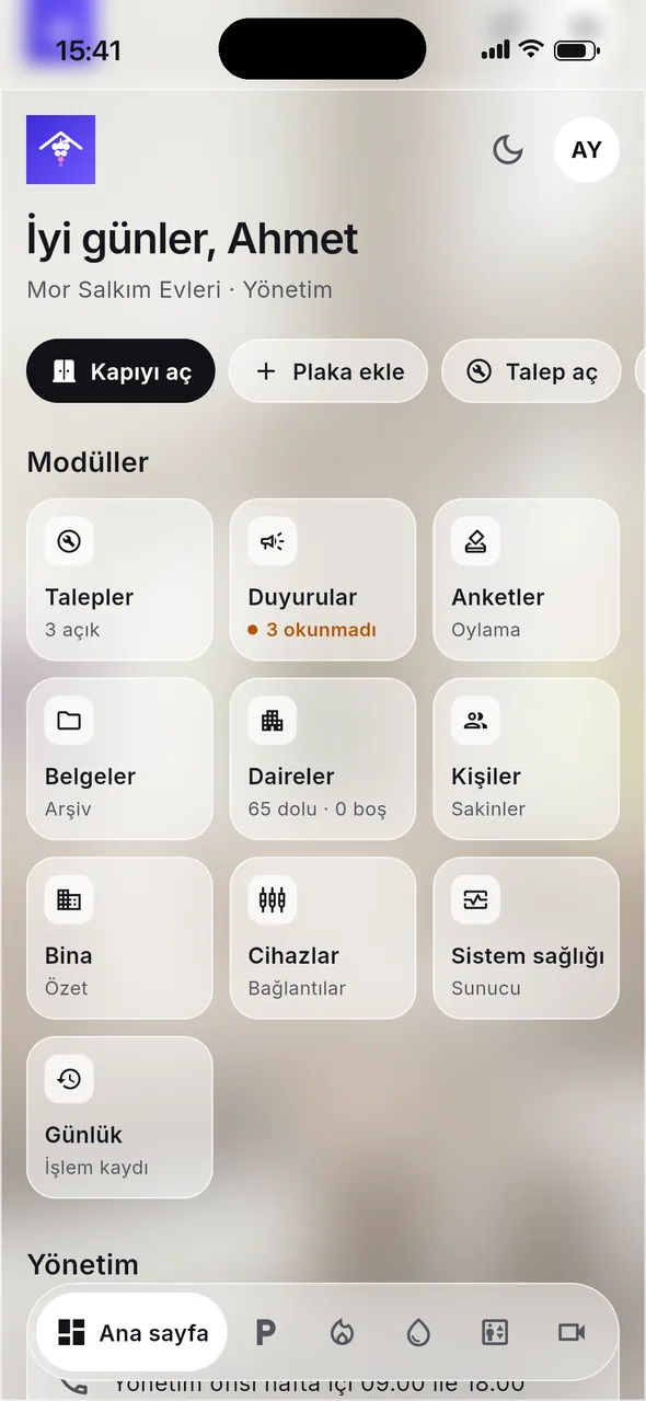 Uygulamanın ana sayfası, kurgusal bir sitenin yönetim görünümü