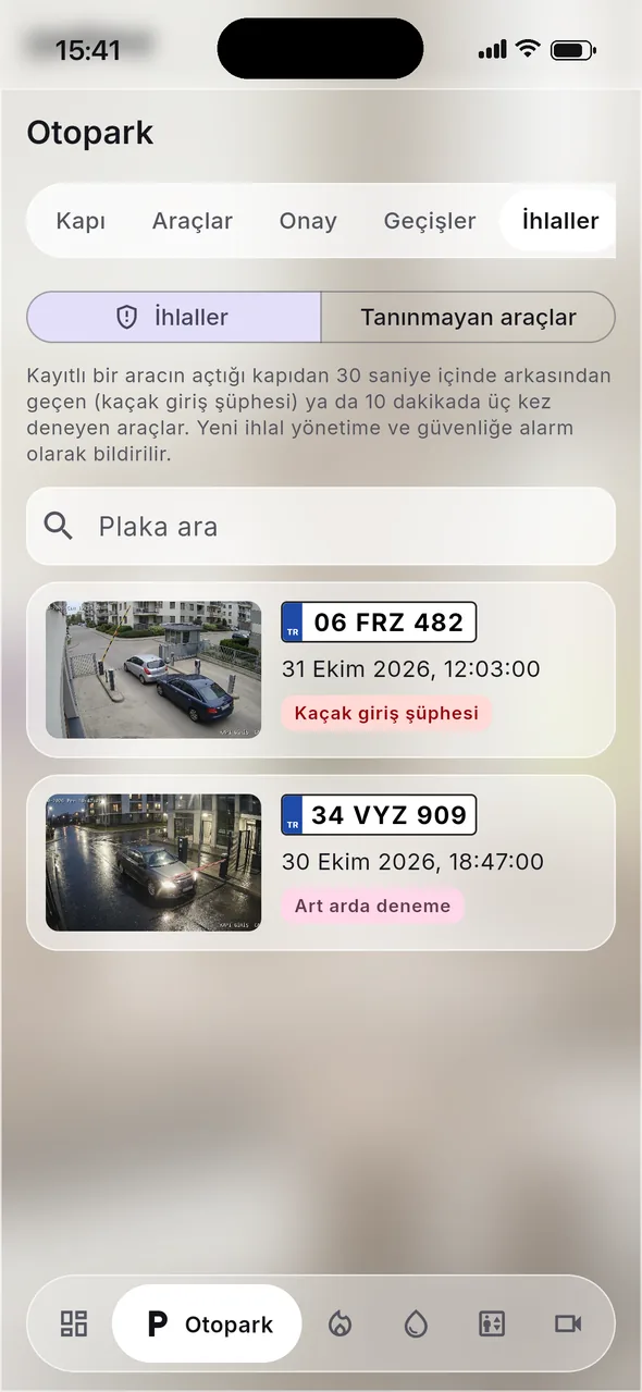 İhlaller ekranı: plaka ve sahne fotoğraflarıyla