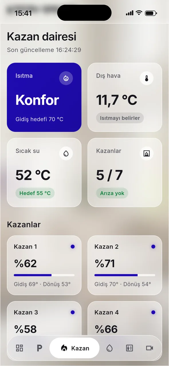 Kazan dairesi ekranı: ısıtma modu, dış hava, sıcak su ve kazanlar