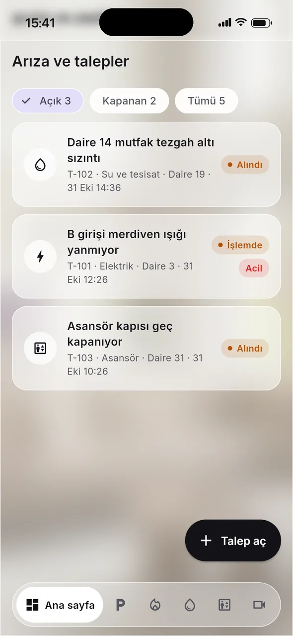 Arıza ve talepler ekranı