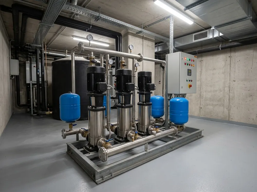 Example photo of a booster pump set with three pumps and pressure vessels